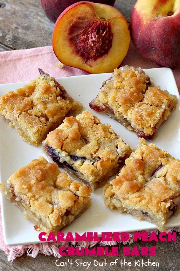 Caramelized Peach Crumble Bars | Can't Stay Out of the Kitchen | these fantastic #cookies use a luscious #SugarCookie dough. They're layered with unpeeled #peaches, then a homemade #caramelized sugar with vanilla & #almond extracts are ladled over top. #Cookie dough is crumbled over top for an ooey, gooey & decadent #dessert you will absolutely love. #peachdessert #CANbassador #WashingtonStateFruitCommission #WashingtonStateStoneFruitGrowers
