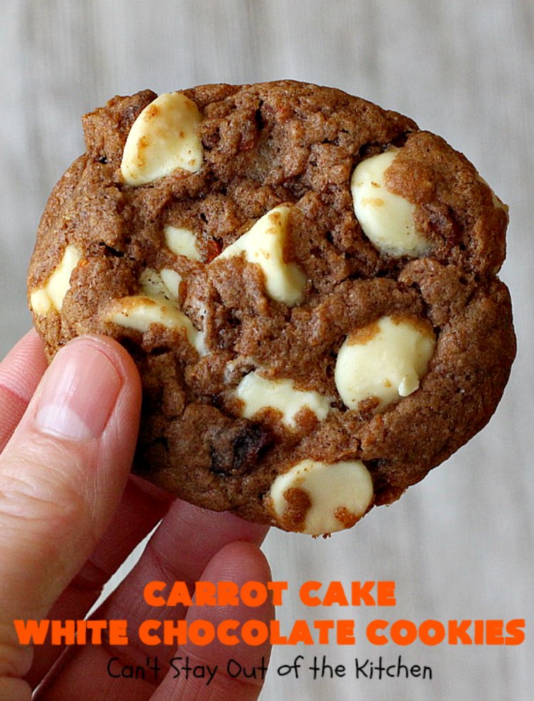 Carrot Cake White Chocolate Cake | Can't Stay Out of the Kitchen | spectacular 4-ingredient #recipe that is rich, decadent & heavenly. If you enjoy #CarrotCake, you'll love this #cookie version with #WhiteChocolateChips. #dessert #chocolate #CarrotCakeDessert #ChocolateDessert #tailgating