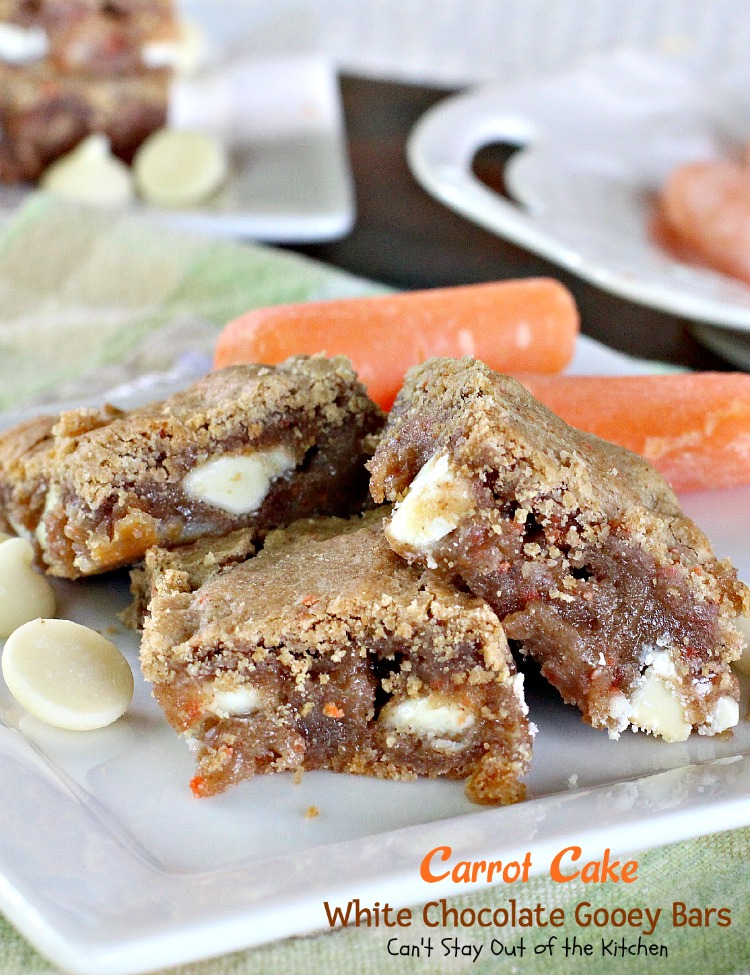 Carrot Cake White Chocolate Gooey Bars | Can't Stay Out of the Kitchen | these fabulous ooey, gooey #dessert #brownies start with a #carrotcake #cakemix & are filled with #whitechocolatechips. #chocolate #cookie