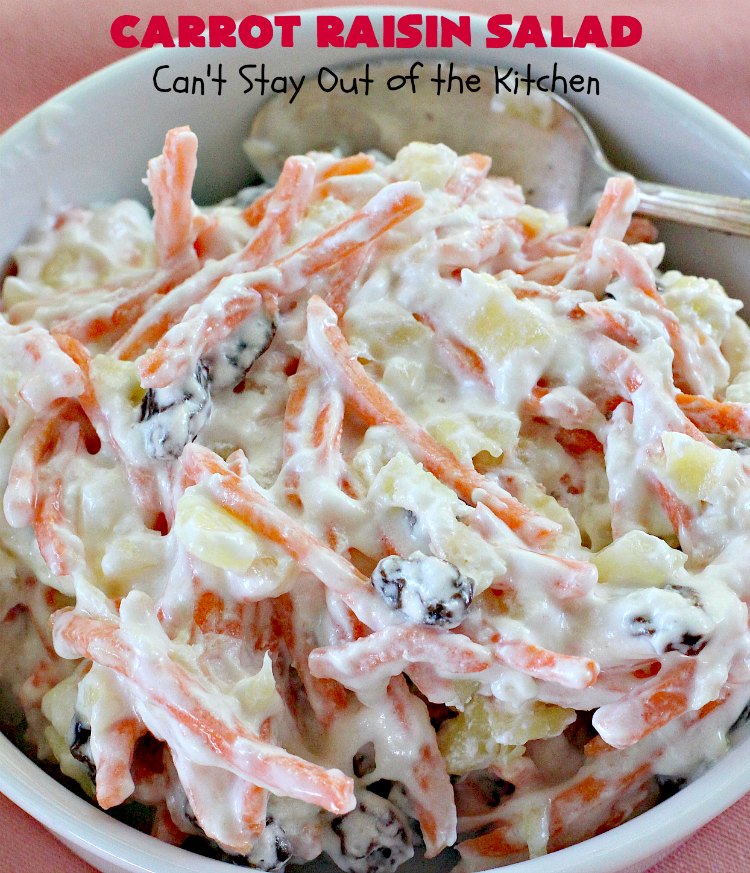 Carrot Raisin Salad | Can't Stay Out of the Kitchen | my Mom's delicious #salad includes #marshmallows & #pineapple. Great for #MemorialDay & other summer #holidays. #carrots #glutenfree