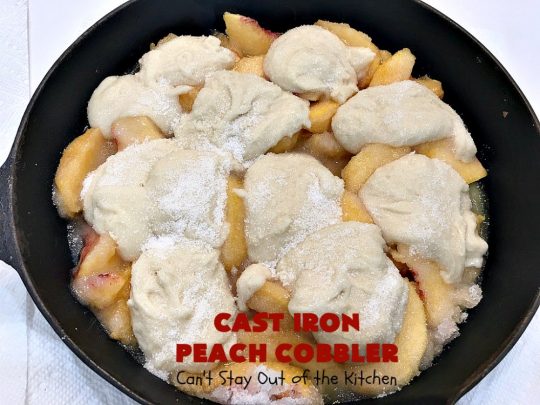 Cast Iron Peach Cobbler | Can't Stay Out of the Kitchen | this quick and easy #recipe has a fresh #peach filling & a topping with salted, roasted #pecans. So quick to make & delicious to the taste buds. Terrific served with ice cream. #PeachCobbler #summer #southern #SummerDessert #PeachDessert #cobbler #CastIronPeachCobbler #Canbassador #WashingtonStateFruitCommission #WashingtonStoneFruitGrowers #WashingtonStateStoneFruitGrowers