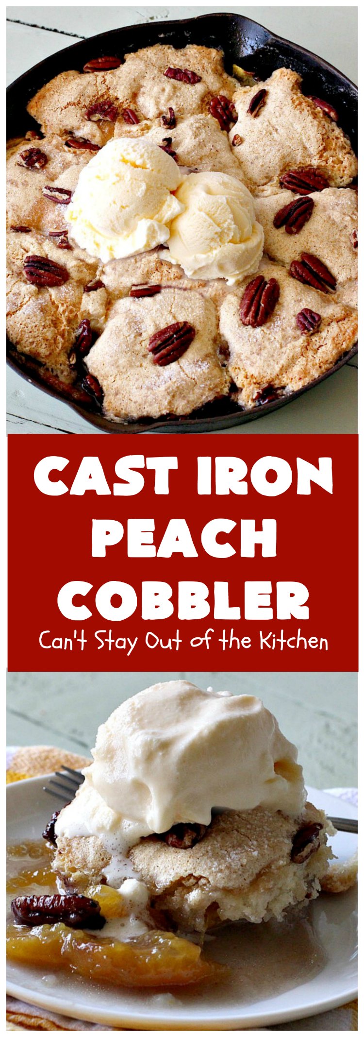 Cast Iron Peach Cobbler |  Can't Stay Out of the Kitchen | this quick and easy #recipe has a fresh #peach filling & a topping with salted, roasted #pecans. So quick to make & delicious to the taste buds. Terrific served with ice cream. #PeachCobbler #summer #southern #SummerDessert #PeachDessert #cobbler #CastIronPeachCobbler #Canbassador #WashingtonStateFruitCommission #WashingtonStoneFruitGrowers #WashingtonStateStoneFruitGrowers