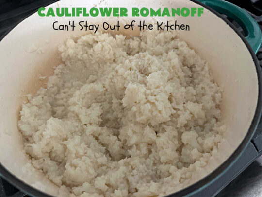 Cauliflower Romanoff | Can't Stay Out of the Kitchen |  This delightful #casserole uses mashed #cauliflower instead of #potatoes. It's loaded with #CheddarCheese, #SourCream & #GreenOnions.  A dash of #paprika gives it fantastic zip! Perfect #SideDish for #holidays like #Thanksgiving or #Christmas. #GlutenFree #CauliflowerRomanoff