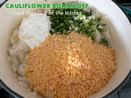 Cauliflower Romanoff | Can't Stay Out of the Kitchen | This delightful #casserole uses mashed #cauliflower instead of #potatoes. It's loaded with #CheddarCheese, #SourCream & #GreenOnions. A dash of #paprika gives it fantastic zip! Perfect #SideDish for #holidays like #Thanksgiving or #Christmas. #GlutenFree #CauliflowerRomanoff