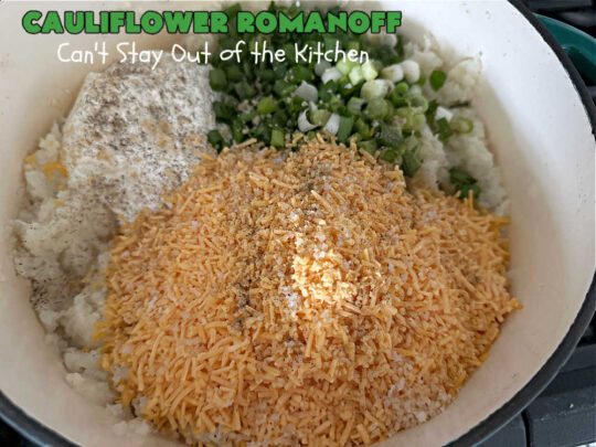Cauliflower Romanoff | Can't Stay Out of the Kitchen | This delightful #casserole uses mashed #cauliflower instead of #potatoes. It's loaded with #CheddarCheese, #SourCream & #GreenOnions. A dash of #paprika gives it fantastic zip! Perfect #SideDish for #holidays like #Thanksgiving or #Christmas. #GlutenFree #CauliflowerRomanoff