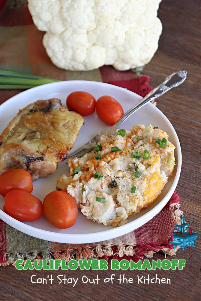 Cauliflower Romanoff | Can't Stay Out of the Kitchen | This delightful #casserole uses mashed #cauliflower instead of #potatoes. It's loaded with #CheddarCheese, #SourCream & #GreenOnions. A dash of #paprika gives it fantastic zip! Perfect #SideDish for #holidays like #Thanksgiving or #Christmas. #GlutenFree #CauliflowerRomanoff