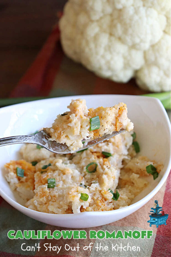 Cauliflower Romanoff | Can't Stay Out of the Kitchen | This delightful #casserole uses mashed #cauliflower instead of #potatoes. It's loaded with #CheddarCheese, #SourCream & #GreenOnions. A dash of #paprika gives it fantastic zip! Perfect #SideDish for #holidays like #Thanksgiving or #Christmas. #GlutenFree #CauliflowerRomanoff