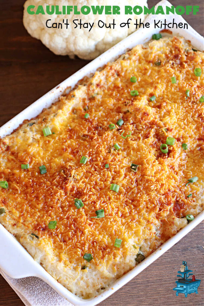 Cauliflower Romanoff | Can't Stay Out of the Kitchen | This delightful #casserole uses mashed #cauliflower instead of #potatoes. It's loaded with #CheddarCheese, #SourCream & #GreenOnions. A dash of #paprika gives it fantastic zip! Perfect #SideDish for #holidays like #Thanksgiving or #Christmas. #GlutenFree #CauliflowerRomanoff