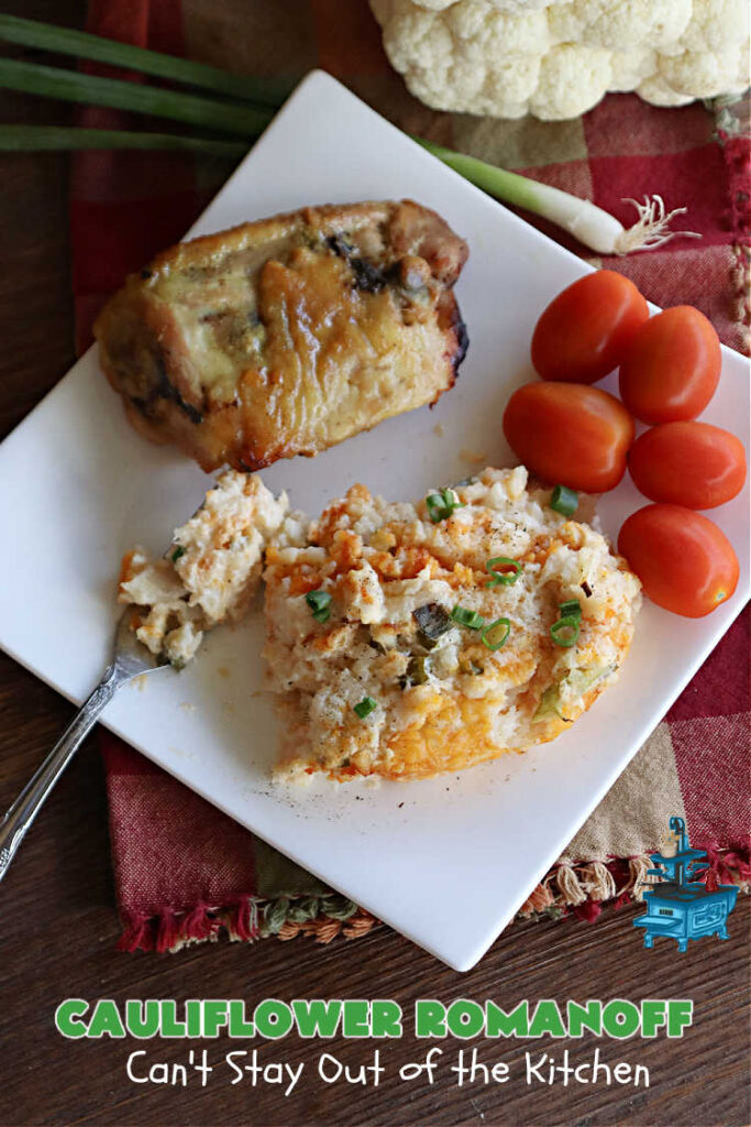 Cauliflower Romanoff | Can't Stay Out of the Kitchen | This delightful #casserole uses mashed #cauliflower instead of #potatoes. It's loaded with #CheddarCheese, #SourCream & #GreenOnions. A dash of #paprika gives it fantastic zip! Perfect #SideDish for #holidays like #Thanksgiving or #Christmas. #GlutenFree #CauliflowerRomanoff
