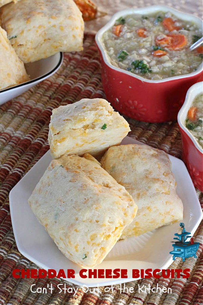 Cheddar Cheese Biscuits | Can't Stay Out of the Kitchen | these fluffy & delicious #biscuits include #chives & #CheddarCheese to bump up the flavor from regular biscuits. They're wonderful for #breakfast, lunch or dinner! They pair perfectly with soup or chili, but are also good with preserves spread over top for morning menus. #Thanksgiving #Christmas #HomemadeBiscuits #CheddarCheeseBiscuits