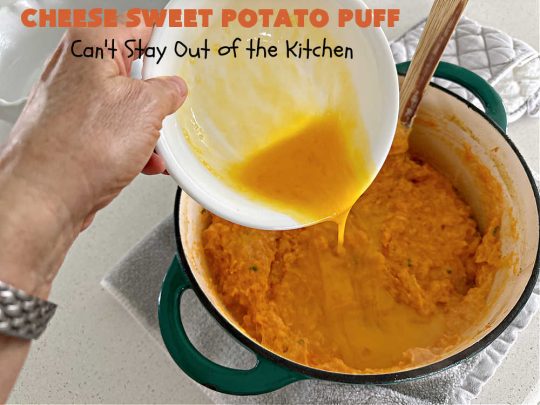 Cheese Sweet Potato Puff | Can't Stay Out of the Kitchen | This scrumptious #SweetPotato #SideDish has a souffle-like texture & it's seasoned with the #savory #herbs of #chives & #parsley. It puffs up while #baking & is terrific served straight out of the oven. Excellent option for #holidays like #Easter, #Thanksgiving or #Christmas. Everyone will want seconds! #CheddarCheese #casserole #GlutenFree #CheeseSweetPotatoPuff