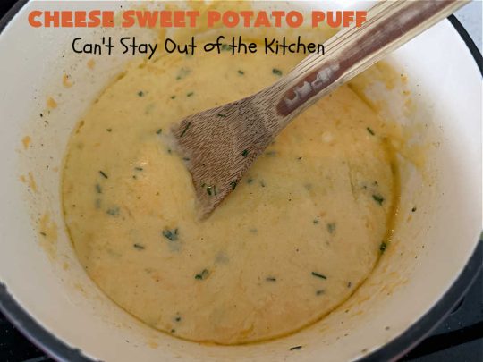 Cheese Sweet Potato Puff | Can't Stay Out of the Kitchen | This scrumptious #SweetPotato #SideDish has a souffle-like texture & it's seasoned with the #savory #herbs of #chives & #parsley. It puffs up while #baking & is terrific served straight out of the oven. Excellent option for #holidays like #Easter, #Thanksgiving or #Christmas. Everyone will want seconds! #CheddarCheese #casserole #GlutenFree #CheeseSweetPotatoPuff