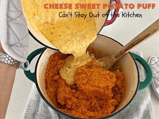 Cheese Sweet Potato Puff | Can't Stay Out of the Kitchen | This scrumptious #SweetPotato #SideDish has a souffle-like texture & it's seasoned with the #savory #herbs of #chives & #parsley. It puffs up while #baking & is terrific served straight out of the oven. Excellent option for #holidays like #Easter, #Thanksgiving or #Christmas. Everyone will want seconds! #CheddarCheese #casserole #GlutenFree #CheeseSweetPotatoPuff
