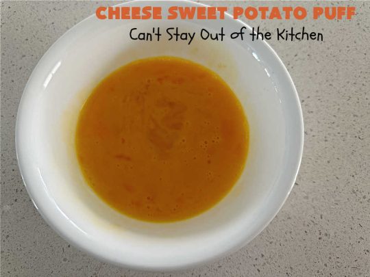 Cheese Sweet Potato Puff | Can't Stay Out of the Kitchen | This scrumptious #SweetPotato #SideDish has a souffle-like texture & it's seasoned with the #savory #herbs of #chives & #parsley. It puffs up while #baking & is terrific served straight out of the oven. Excellent option for #holidays like #Easter, #Thanksgiving or #Christmas. Everyone will want seconds! #CheddarCheese #casserole #GlutenFree #CheeseSweetPotatoPuff