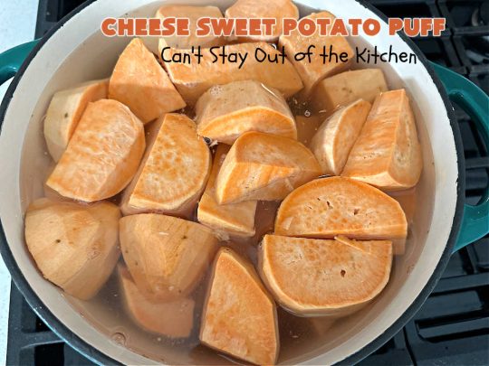Cheese Sweet Potato Puff | Can't Stay Out of the Kitchen | This scrumptious #SweetPotato #SideDish has a souffle-like texture & it's seasoned with the #savory #herbs of #chives & #parsley. It puffs up while #baking & is terrific served straight out of the oven. Excellent option for #holidays like #Easter, #Thanksgiving or #Christmas. Everyone will want seconds! #CheddarCheese #casserole #GlutenFree #CheeseSweetPotatoPuff
