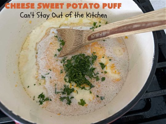 Cheese Sweet Potato Puff | Can't Stay Out of the Kitchen | This scrumptious #SweetPotato #SideDish has a souffle-like texture & it's seasoned with the #savory #herbs of #chives & #parsley. It puffs up while #baking & is terrific served straight out of the oven. Excellent option for #holidays like #Easter, #Thanksgiving or #Christmas. Everyone will want seconds! #CheddarCheese #casserole #GlutenFree #CheeseSweetPotatoPuff