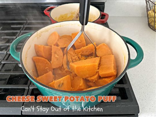 Cheese Sweet Potato Puff | Can't Stay Out of the Kitchen | This scrumptious #SweetPotato #SideDish has a souffle-like texture & it's seasoned with the #savory #herbs of #chives & #parsley. It puffs up while #baking & is terrific served straight out of the oven. Excellent option for #holidays like #Easter, #Thanksgiving or #Christmas. Everyone will want seconds! #CheddarCheese #casserole #GlutenFree #CheeseSweetPotatoPuff