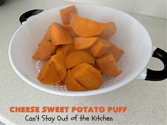 Cheese Sweet Potato Puff | Can't Stay Out of the Kitchen | This scrumptious #SweetPotato #SideDish has a souffle-like texture & it's seasoned with the #savory #herbs of #chives & #parsley. It puffs up while #baking & is terrific served straight out of the oven. Excellent option for #holidays like #Easter, #Thanksgiving or #Christmas. Everyone will want seconds! #CheddarCheese #casserole #GlutenFree #CheeseSweetPotatoPuff