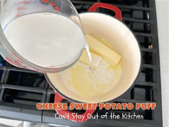 Cheese Sweet Potato Puff | Can't Stay Out of the Kitchen | This scrumptious #SweetPotato #SideDish has a souffle-like texture & it's seasoned with the #savory #herbs of #chives & #parsley. It puffs up while #baking & is terrific served straight out of the oven. Excellent option for #holidays like #Easter, #Thanksgiving or #Christmas. Everyone will want seconds! #CheddarCheese #casserole #GlutenFree #CheeseSweetPotatoPuff