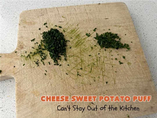 Cheese Sweet Potato Puff | Can't Stay Out of the Kitchen | This scrumptious #SweetPotato #SideDish has a souffle-like texture & it's seasoned with the #savory #herbs of #chives & #parsley. It puffs up while #baking & is terrific served straight out of the oven. Excellent option for #holidays like #Easter, #Thanksgiving or #Christmas. Everyone will want seconds! #CheddarCheese #casserole #GlutenFree #CheeseSweetPotatoPuff
