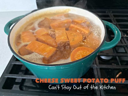 Cheese Sweet Potato Puff | Can't Stay Out of the Kitchen | This scrumptious #SweetPotato #SideDish has a souffle-like texture & it's seasoned with the #savory #herbs of #chives & #parsley. It puffs up while #baking & is terrific served straight out of the oven. Excellent option for #holidays like #Easter, #Thanksgiving or #Christmas. Everyone will want seconds! #CheddarCheese #casserole #GlutenFree #CheeseSweetPotatoPuff