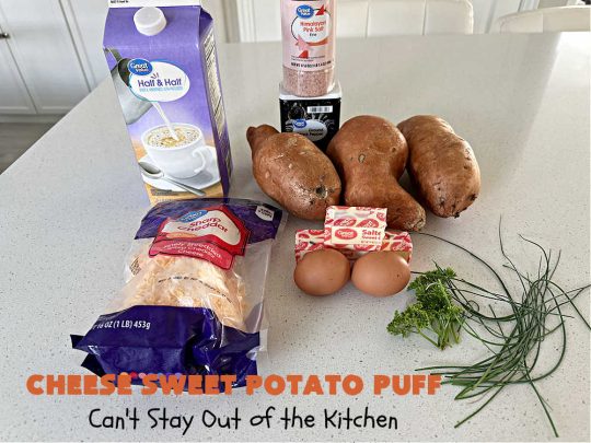 Cheese Sweet Potato Puff | Can't Stay Out of the Kitchen | This scrumptious #SweetPotato #SideDish has a souffle-like texture & it's seasoned with the #savory #herbs of #chives & #parsley. It puffs up while #baking & is terrific served straight out of the oven. Excellent option for #holidays like #Easter, #Thanksgiving or #Christmas. Everyone will want seconds! #CheddarCheese #casserole #GlutenFree #CheeseSweetPotatoPuff