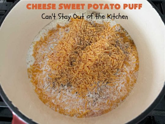 Cheese Sweet Potato Puff | Can't Stay Out of the Kitchen | This scrumptious #SweetPotato #SideDish has a souffle-like texture & it's seasoned with the #savory #herbs of #chives & #parsley. It puffs up while #baking & is terrific served straight out of the oven. Excellent option for #holidays like #Easter, #Thanksgiving or #Christmas. Everyone will want seconds! #CheddarCheese #casserole #GlutenFree #CheeseSweetPotatoPuff