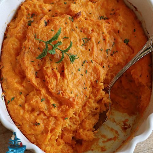 Cheese Sweet Potato Puff | Can't Stay Out of the Kitchen | This scrumptious #SweetPotato #SideDish has a souffle-like texture & it's seasoned with the #savory #herbs of #chives & #parsley. It puffs up while #baking & is terrific served straight out of the oven. Excellent option for #holidays like #Easter, #Thanksgiving or #Christmas. Everyone will want seconds! #CheddarCheese #casserole #GlutenFree #CheeseSweetPotatoPuff