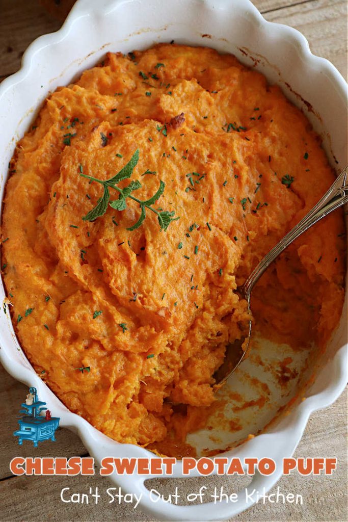 Cheese Sweet Potato Puff | Can't Stay Out of the Kitchen | This scrumptious #SweetPotato #SideDish has a souffle-like texture & it's seasoned with the #savory #herbs of #chives & #parsley. It puffs up while #baking & is terrific served straight out of the oven. Excellent option for #holidays like #Easter, #Thanksgiving or #Christmas. Everyone will want seconds! #CheddarCheese #casserole #GlutenFree #CheeseSweetPotatoPuff