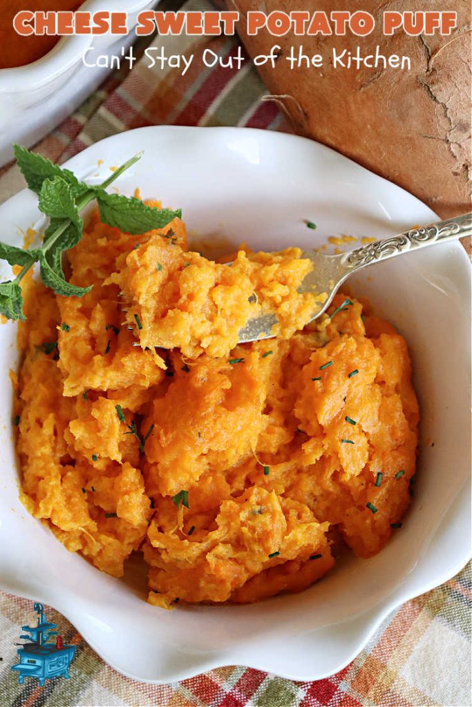 Cheese Sweet Potato Puff | Can't Stay Out of the Kitchen | This scrumptious #SweetPotato #SideDish has a souffle-like texture & it's seasoned with the #savory #herbs of #chives & #parsley. It puffs up while #baking & is terrific served straight out of the oven. Excellent option for #holidays like #Easter, #Thanksgiving or #Christmas. Everyone will want seconds! #CheddarCheese #casserole #GlutenFree #CheeseSweetPotatoPuff