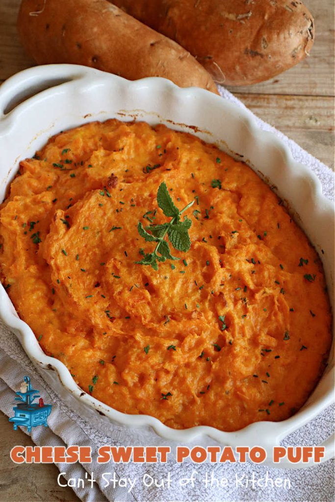 Cheese Sweet Potato Puff | Can't Stay Out of the Kitchen | This scrumptious #SweetPotato #SideDish has a souffle-like texture & it's seasoned with the #savory #herbs of #chives & #parsley. It puffs up while #baking & is terrific served straight out of the oven. Excellent option for #holidays like #Easter, #Thanksgiving or #Christmas. Everyone will want seconds! #CheddarCheese #casserole #GlutenFree #CheeseSweetPotatoPuff