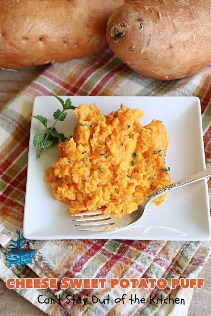 Cheese Sweet Potato Puff | Can't Stay Out of the Kitchen | This scrumptious #SweetPotato #SideDish has a souffle-like texture & it's seasoned with the #savory #herbs of #chives & #parsley. It puffs up while #baking & is terrific served straight out of the oven. Excellent option for #holidays like #Easter, #Thanksgiving or #Christmas. Everyone will want seconds! #CheddarCheese #casserole #GlutenFree #CheeseSweetPotatoPuff