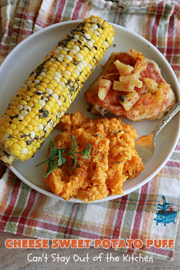 Cheese Sweet Potato Puff | Can't Stay Out of the Kitchen | This scrumptious #SweetPotato #SideDish has a souffle-like texture & it's seasoned with the #savory #herbs of #chives & #parsley. It puffs up while #baking & is terrific served straight out of the oven. Excellent option for #holidays like #Easter, #Thanksgiving or #Christmas. Everyone will want seconds! #CheddarCheese #casserole #GlutenFree #CheeseSweetPotatoPuff