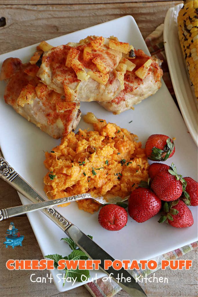 Cheese Sweet Potato Puff | Can't Stay Out of the Kitchen | This scrumptious #SweetPotato #SideDish has a souffle-like texture & it's seasoned with the #savory #herbs of #chives & #parsley. It puffs up while #baking & is terrific served straight out of the oven. Excellent option for #holidays like #Easter, #Thanksgiving or #Christmas. Everyone will want seconds! #CheddarCheese #casserole #GlutenFree #CheeseSweetPotatoPuff