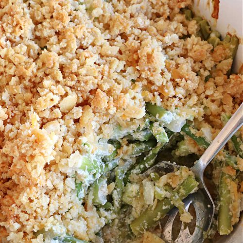 Cheesy Asparagus Casserole | Can't Stay Out of the Kitchen | this delicious #casserole is made with #asparagus, #celery, onions, & #CheddarCheese & has a delightful #RitzCracker crumb topping. Excellent choice for company or #holiday dinners like #Thanksgiving, #Christmas or #Easter. #CheesyAsparagusCasserole
