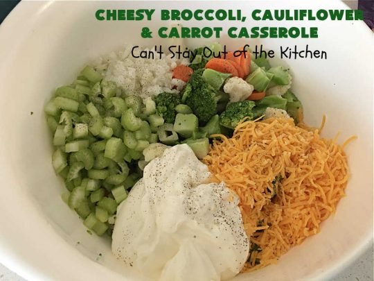 Cheesy Broccoli, Cauliflower and Carrot Casserole | Can't Stay Out of the Kitchen | this tasty #SideDish includes #broccoli, #carrots #cauliflower & #celery in a tasty #CheddarCheese sauce topped with #RitzCrackers & more #cheese. It's marvelous for #holiday or company dinners like #Easter, #MothersDay or #FathersDay. #casserole #CheesyBroccoliCauliflowerAndCarrotCasserole #vegetableCheesy Broccoli, Cauliflower and Carrot Casserole | Can't Stay Out of the Kitchen | this tasty #SideDish includes #broccoli, #carrots #cauliflower & #celery in a tasty #CheddarCheese sauce topped with #RitzCrackers & more #cheese. It's marvelous for #holiday or company dinners like #Easter, #MothersDay or #FathersDay. #casserole #CheesyBroccoliCauliflowerAndCarrotCasserole #vegetable