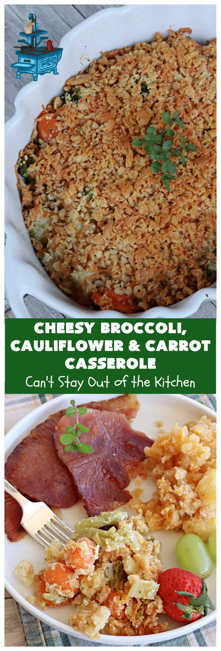 Cheesy Broccoli, Cauliflower and Carrot Casserole | Can't Stay Out of the Kitchen | this tasty #SideDish includes #broccoli, #carrots #cauliflower & #celery in a tasty #CheddarCheese sauce topped with #RitzCrackers & more #cheese. It's marvelous for #holiday or company dinners like #Easter, #MothersDay or #FathersDay. #casserole #CheesyBroccoliCauliflowerAndCarrotCasserole #vegetable