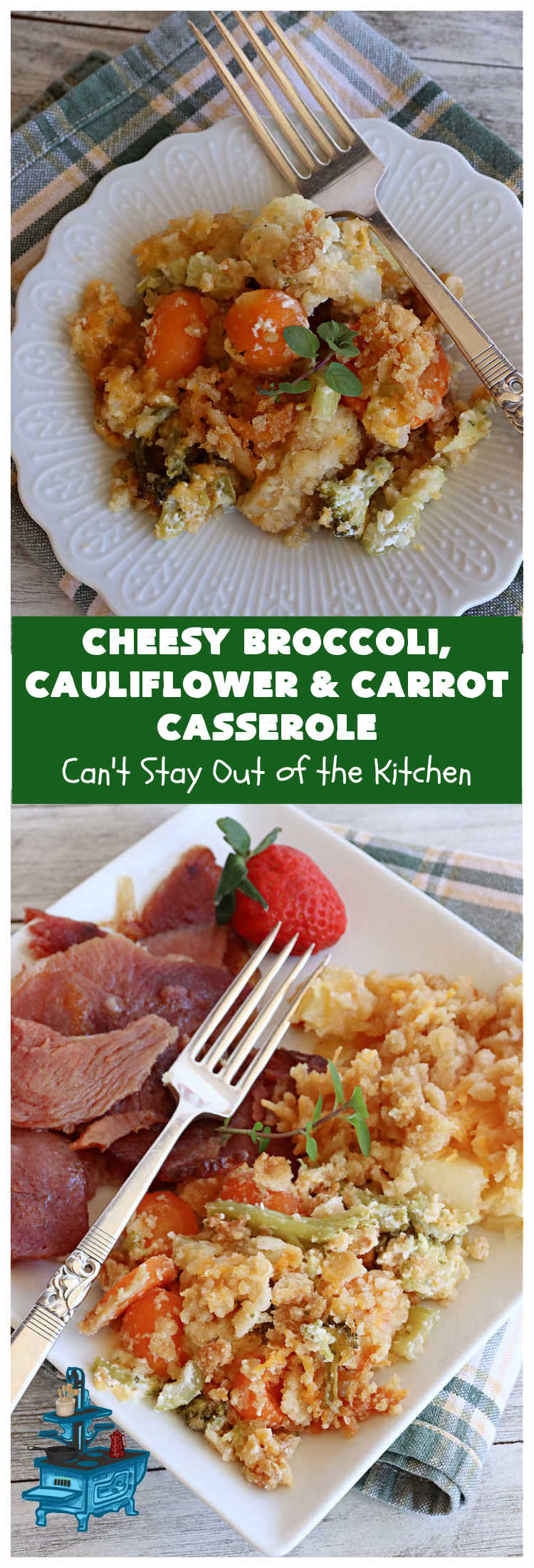 Cheesy Broccoli, Cauliflower and Carrot Casserole | Can't Stay Out of the Kitchen | this tasty #SideDish includes #broccoli, #carrots #cauliflower & #celery in a tasty #CheddarCheese sauce topped with #RitzCrackers & more #cheese. It's marvelous for #holiday or company dinners like #Easter, #MothersDay or #FathersDay. #casserole #CheesyBroccoliCauliflowerAndCarrotCasserole #vegetableCheesy Broccoli, Cauliflower and Carrot Casserole | Can't Stay Out of the Kitchen | this tasty #SideDish includes #broccoli, #carrots #cauliflower & #celery in a tasty #CheddarCheese sauce topped with #RitzCrackers & more #cheese. It's marvelous for #holiday or company dinners like #Easter, #MothersDay or #FathersDay. #casserole #CheesyBroccoliCauliflowerAndCarrotCasserole #vegetable