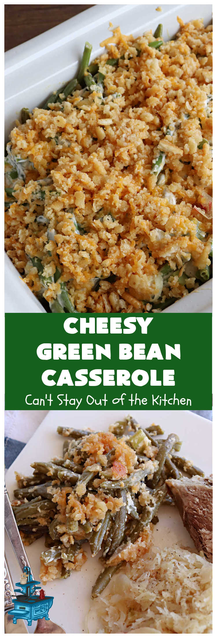 Cheesy Green Bean Casserole | Can't Stay Out of the Kitchen | this is NOT the typical #GreenBeanCasserole #recipe everyone makes for the #holidays. It's SO much better! This one has a #RitzCracker & #CheddarCheese topping. This is one of our favorite ways to enjoy #GreenBeans. Great for #MothersDay or #FathersDay. #CheesyGreenBeanCasserole