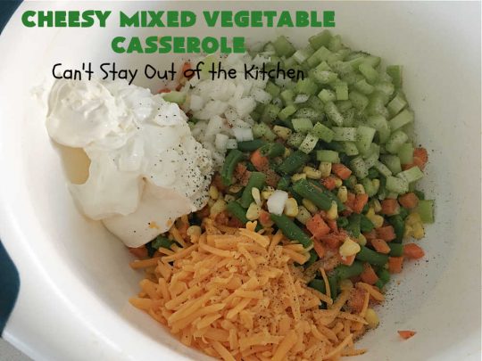 Cheesy Mixed Vegetable Casserole | Can't Stay Out of the Kitchen | easy & delicious #SideDish that's terrific for company or #holiday dinners like #Thanksgiving or #Christmas. Uses #MixedVegetables in a casserole with a delightful #CheddarCheese #RitzCracker crumb topping. #casserole #CheesyMixedVegetableCasserole