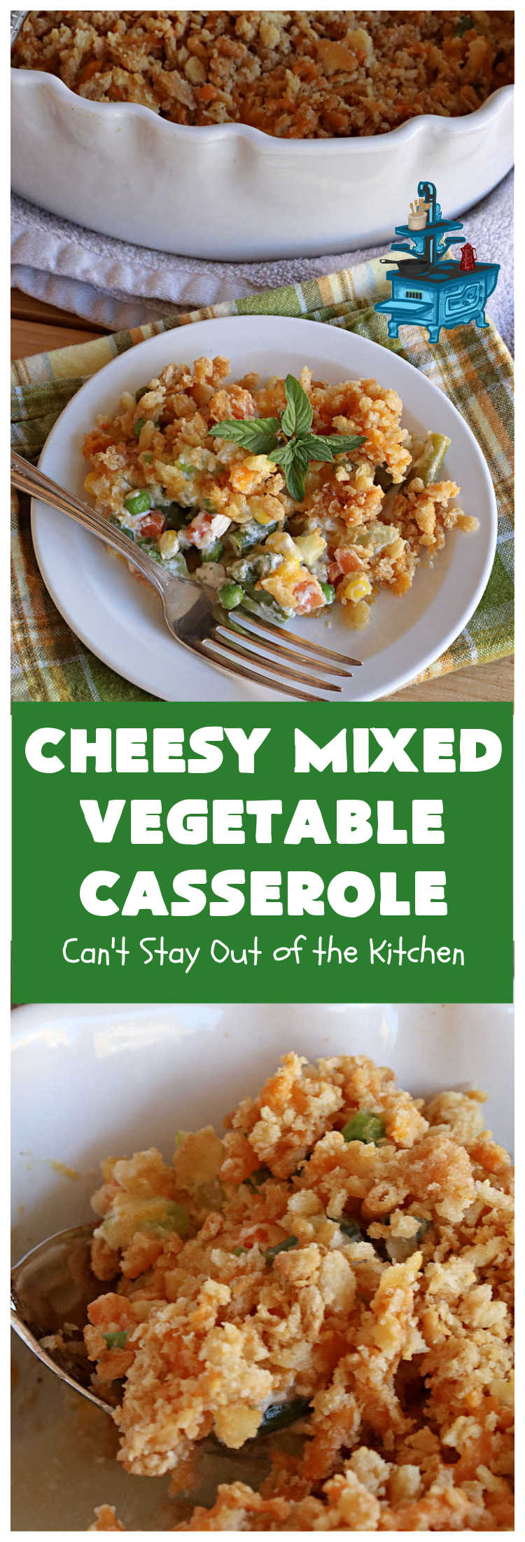 Cheesy Mixed  Vegetable Casserole | Can't Stay Out of the Kitchen | easy & delicious #SideDish that's terrific for company or #holiday dinners like #Thanksgiving or #Christmas. Uses #MixedVegetables in a casserole with a delightful #CheddarCheese #RitzCracker crumb topping. #casserole #CheesyMixedVegetableCasserole