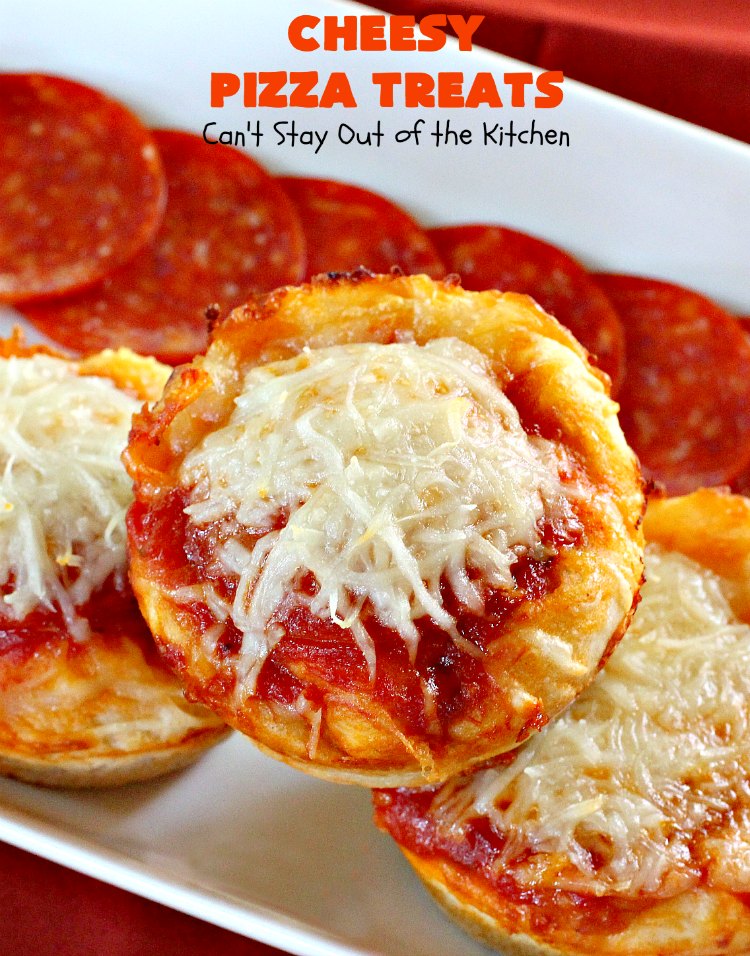 Cheesy Pizza Treats | Can't Stay Out of the Kitchen | spectacular 4-ingredient #appetizer that's terrific for #tailgating, #NewYearsEve or #SuperBowl parties. Kids & adults alike love miniature #pizza. #pepperoni #mozzarella