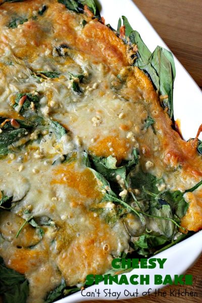 Cheesy Spinach Bake | Can't Stay Out of the Kitchen | this cheesy & delicious #spinach #souffle is made with both #CheddarCheese & #MontereyJack. It's the ultimate in cheesy comfort food! It's terrific for #holiday menus like #Thanksgiving or #Christmas. #GlutenFree #SideDish #GlutenFreeSideDish #CheesySpinachBake