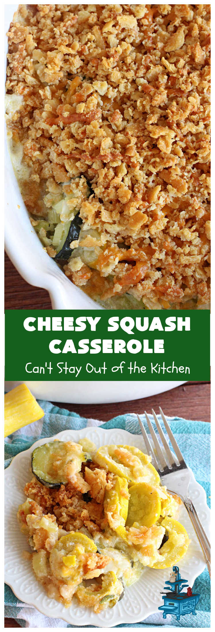 Cheesy Squash Casserole | Can't Stay Out of the Kitchen | this fantastic #Squash #SideDish is so delightful & easy to whip up you'll want to make it frequently. It's terrific for company or #holiday dinners like #Thanksgiving or #Christmas. The #RitzCracker topping makes everything irresistible. #CheddarCheese #Zucchini #YellowSquash #casserole #CheesySquashCasserole