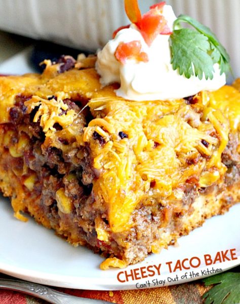 Cheesy Taco Bake | Can't Stay Out of the Kitchen | amazing #Tex-Mex entree with a #Bisquick & Cilantro crust, filled with #beef #corn and #salsa and topped with #cheese.