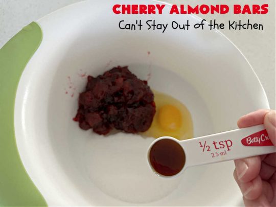 Cherry Almond Bars | Can't Stay Out of the Kitchen | these fantastic #Cherry #cookies use a #shortbread crust, #CherryPreserves in the filling & then they're topped with #almonds for a scrumptious treat everyone will enjoy. Great for #tailgating parties, #holiday #baking & a #ChristmasCookieExchange. #dessert #CherryDessert #CherryAlmondBars