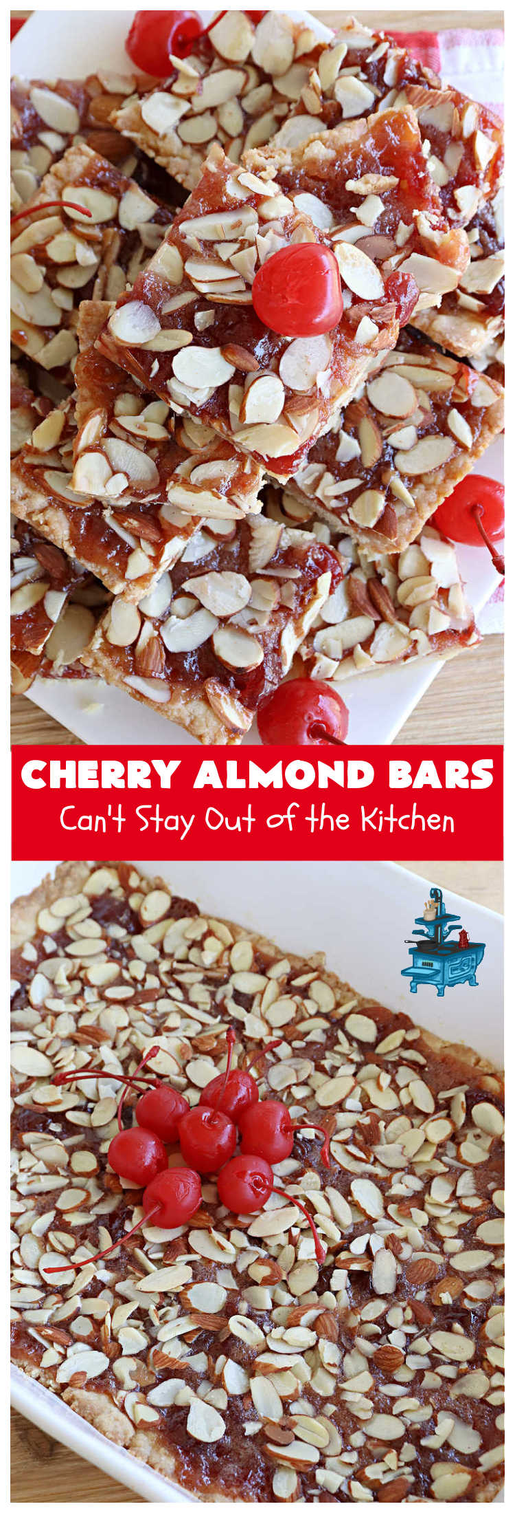 Cherry Almond Bars | Can't Stay Out of the Kitchen | these fantastic #Cherry #cookies use a #shortbread crust, #CherryPreserves in the filling & then they're topped with #almonds for a scrumptious treat everyone will enjoy. Great for #tailgating parties, #holiday #baking & a #ChristmasCookieExchange. #dessert #CherryDessert #CherryAlmondBars
