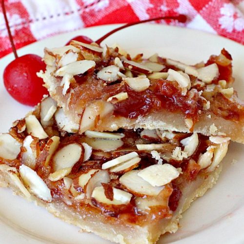 Cherry Almond Bars | Can't Stay Out of the Kitchen | these luscious bars will have you drooling! This makes a festive and beautiful #cookie for #holiday baking, too. #dessert #cherrypreserves #almonds