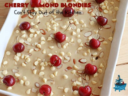Cherry Almond Blondies | Can't Stay Out of the Kitchen | You'll be swooning from the first bite of these luscious bar-type #cookies. Browned butter in the cookie as well as the icing sets these #blondies apart. They're rich, decadent & so heavenly they'll cure any sweet tooth craving. Great for #tailgating parties & potlucks. #cherries #almonds #VanillaChips #CherryAlmondBlondies