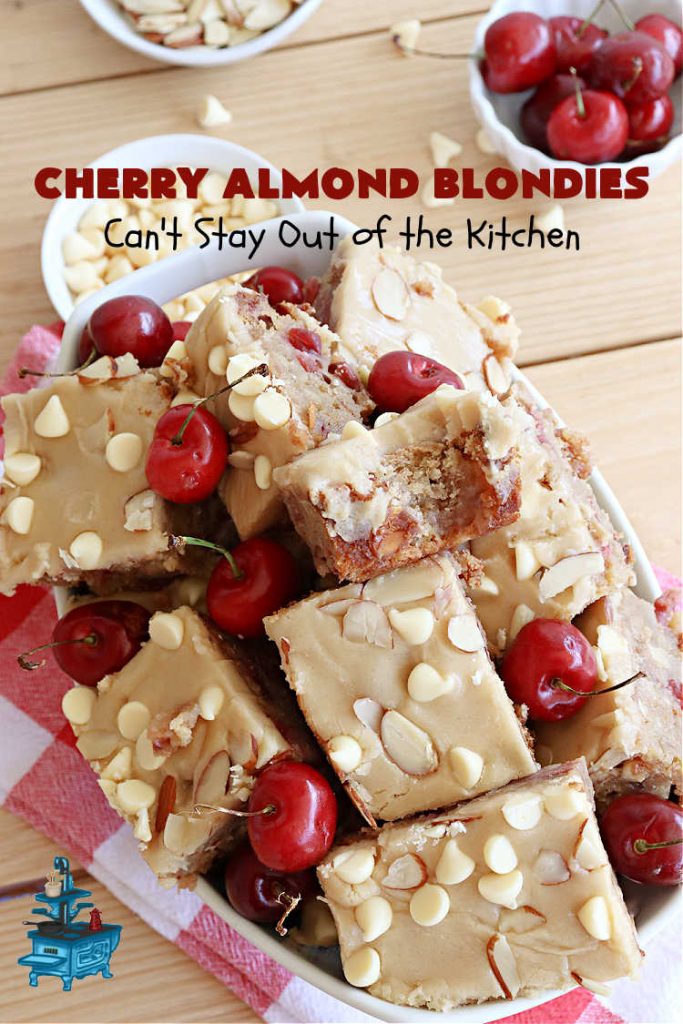 Cherry Almond Blondies | Can't Stay Out of the Kitchen | You'll be swooning from the first bite of these luscious bar-type #cookies. Browned butter in the cookie as well as the icing sets these #blondies apart. They're rich, decadent & so heavenly they'll cure any sweet tooth craving. Great for #tailgating parties & potlucks. #cherries #almonds #VanillaChips #CherryAlmondBlondies